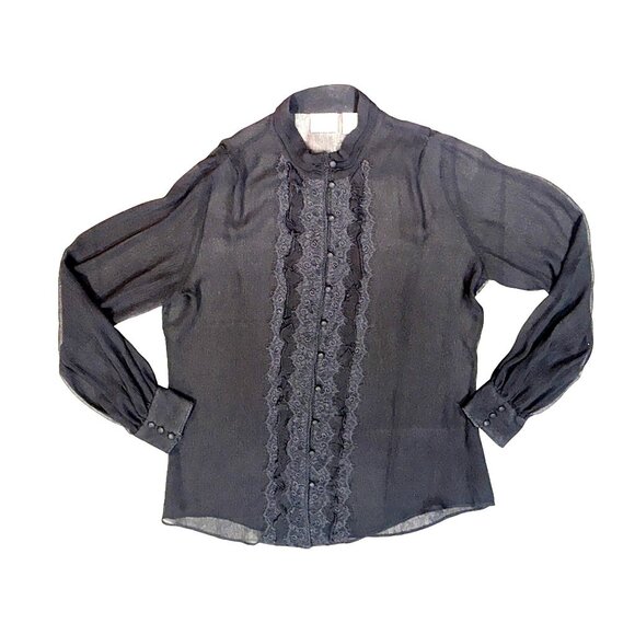 Vintage All Silk Blouse by Chicos Size 1 Black Sheer Lace Chic Romantic City Top - Picture 12 of 14